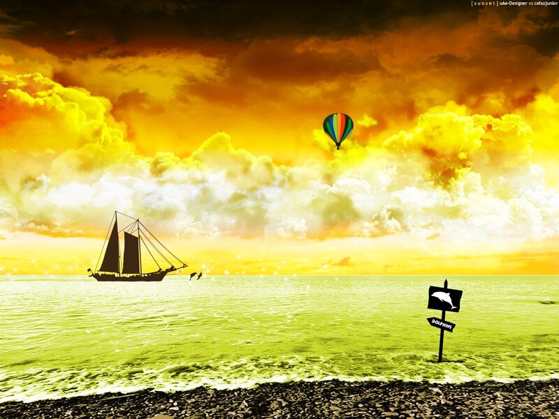 sunset with sailboat and hot air balloon