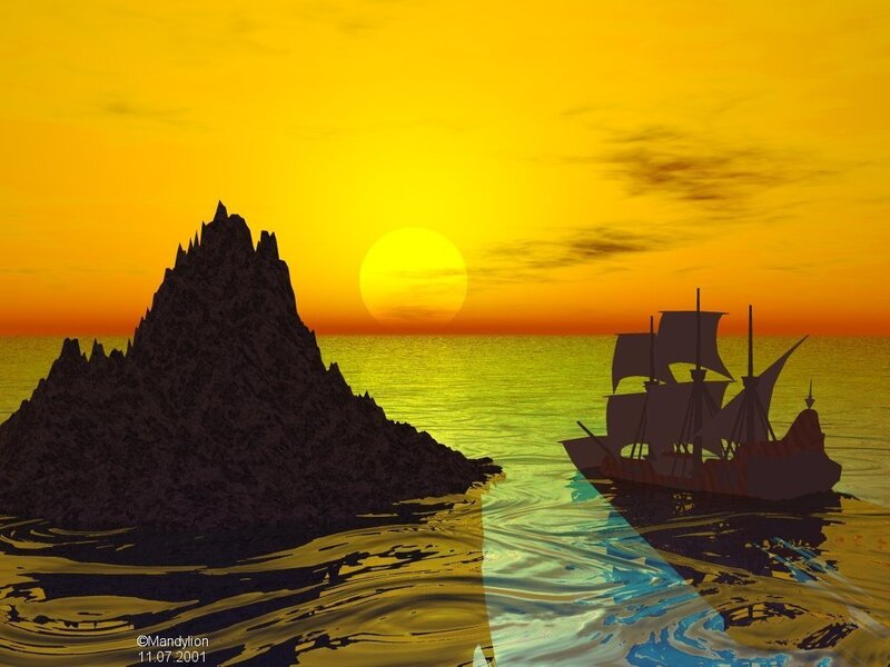 Sunset with ship and rock
