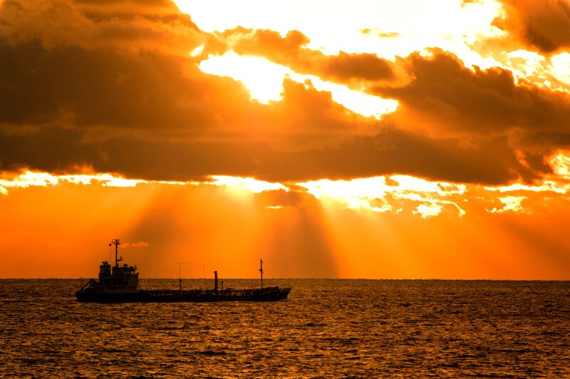 Sunset with ship silhouette