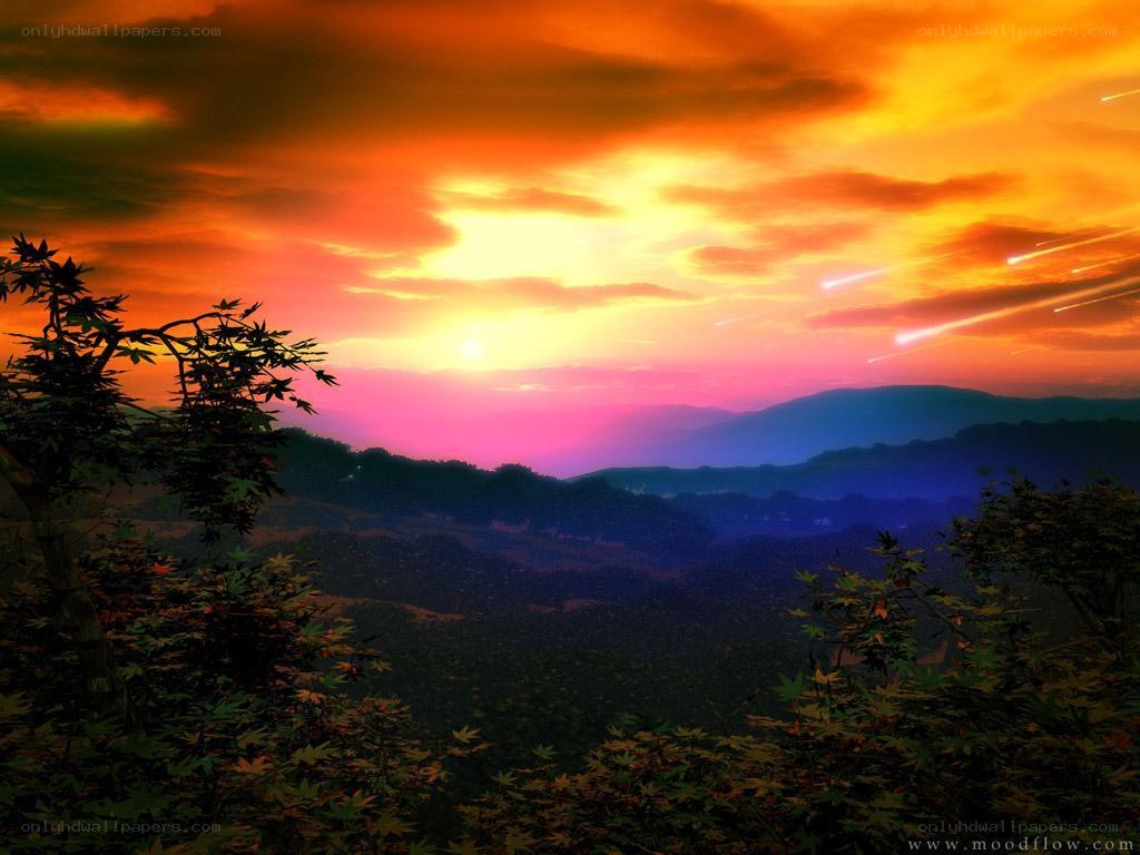 Sunset with shooting stars