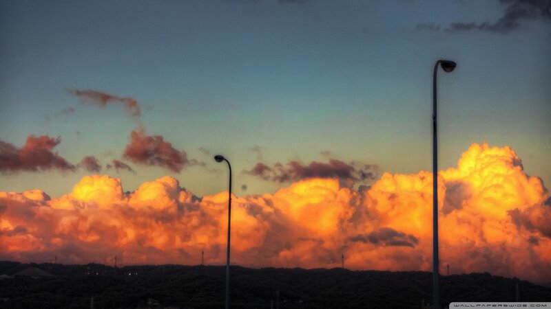 sunset with street lamps