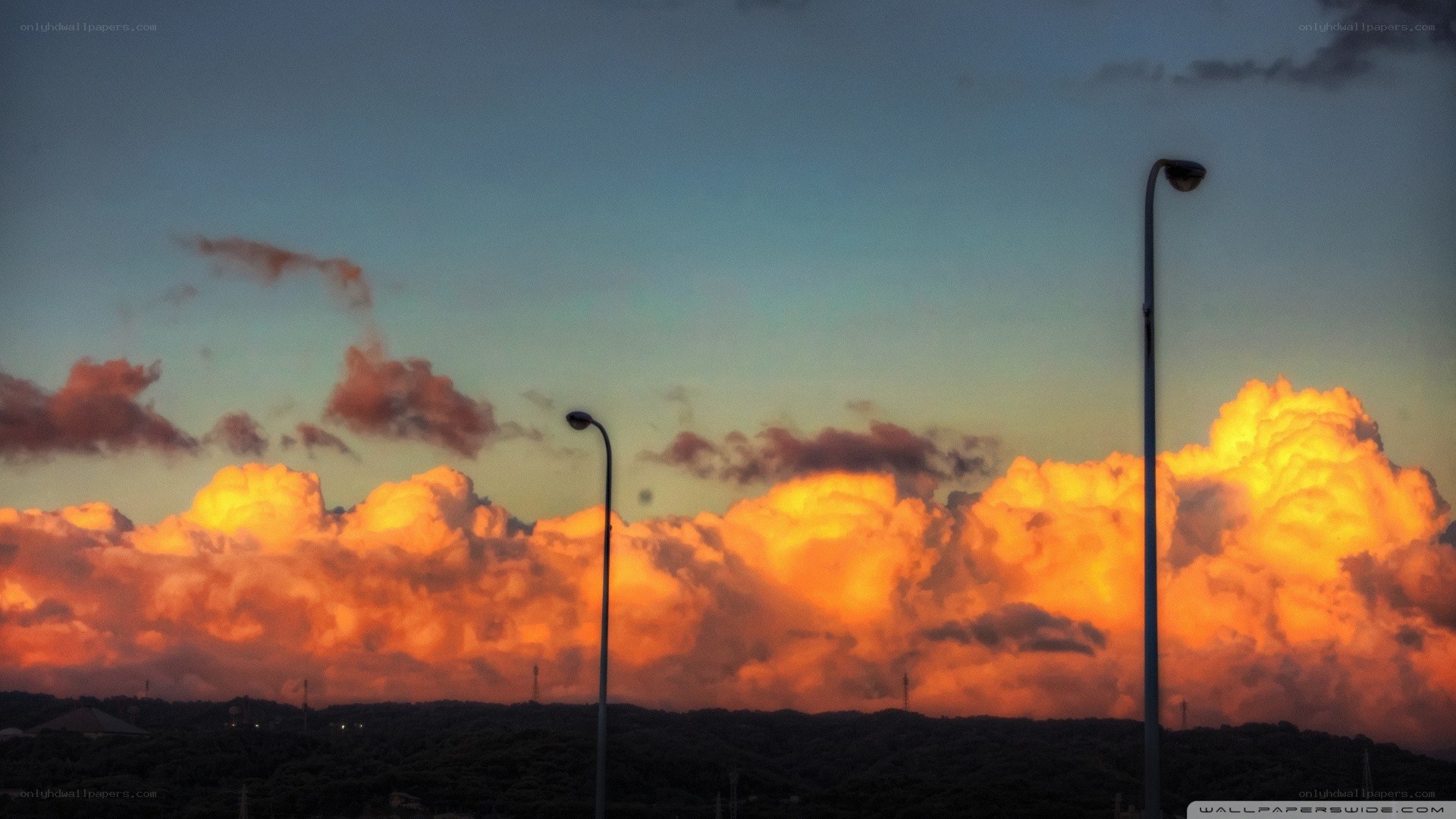 sunset with street lamps