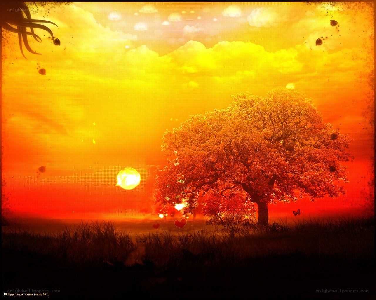 Sunset with tree and hearts