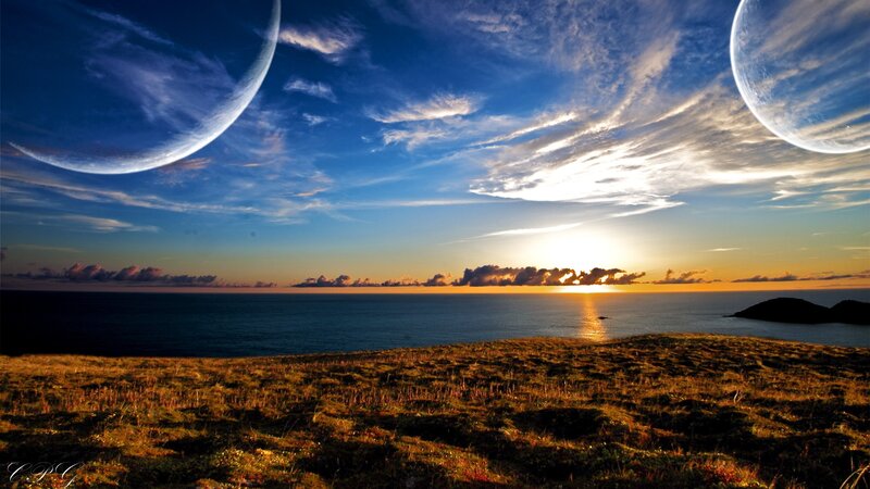 Sunset with twin moons