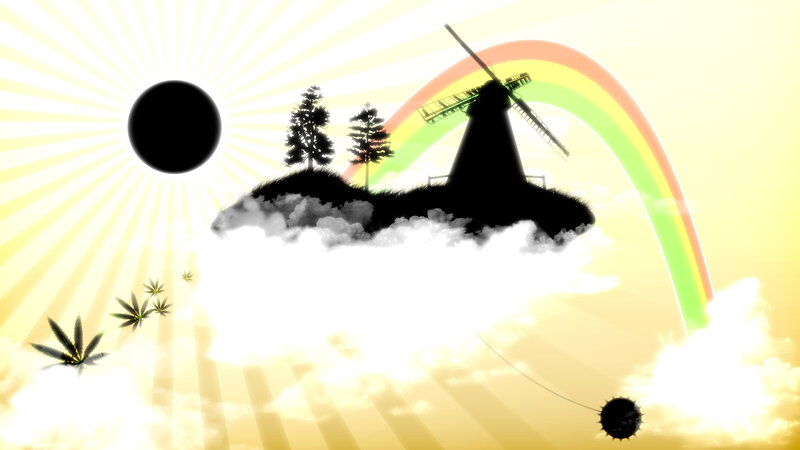 sunset with windmill and rainbow