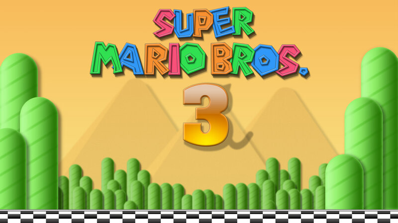 Super Mario Bros. 3 Title Screen — Yellow, Playful, Digital Art, Green Pipes