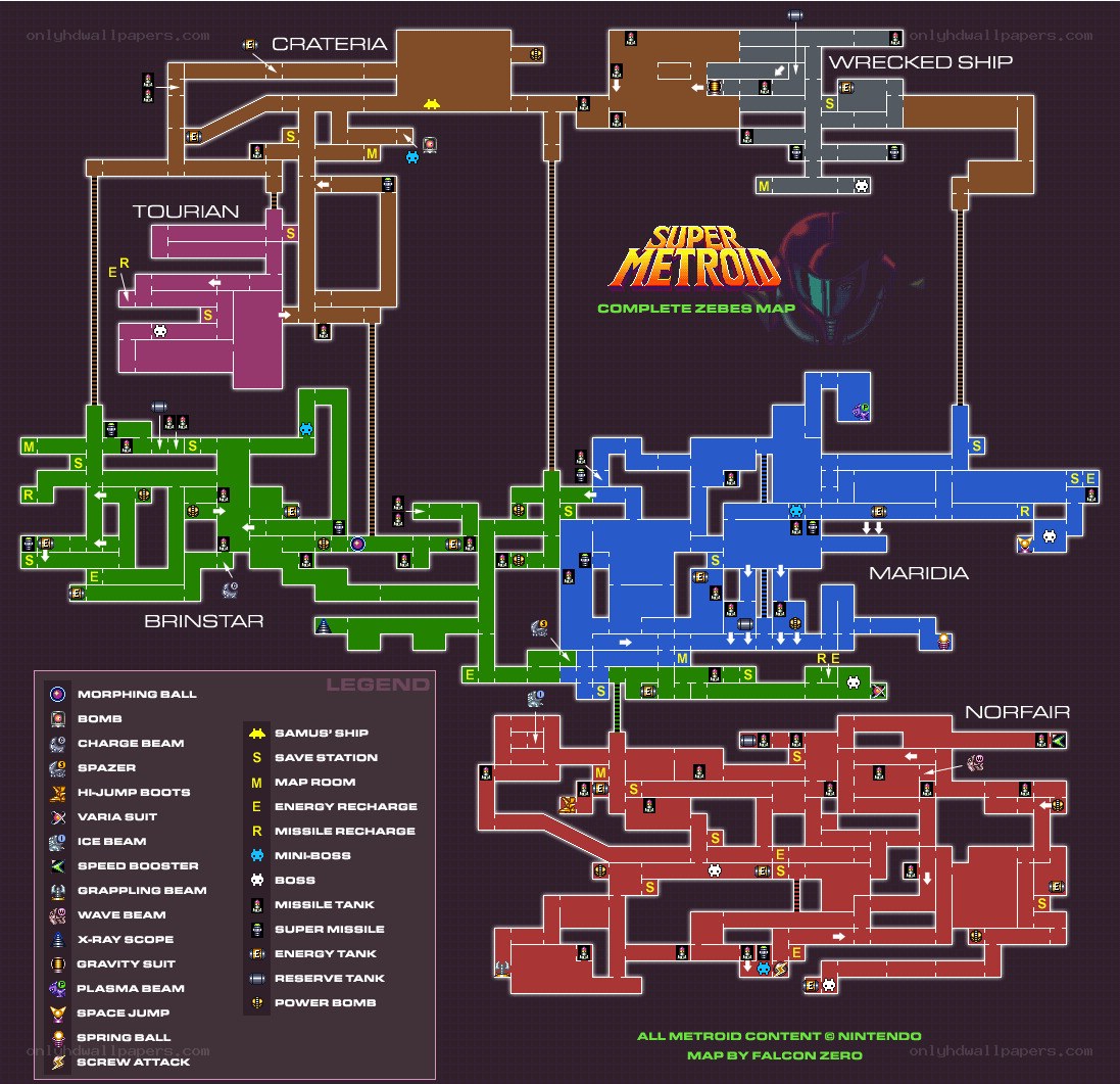 Super Metroid complete Zebes map