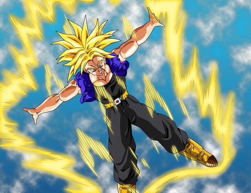 Super Saiyan Character — Yellow, Dramatic, Anime, Spiky Hair, Energy Aura, Clouds