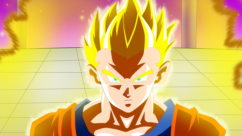 Super Saiyan Character — Yellow, Dramatic, Anime, Spiky Hair, Energy Aura, Tiled Floor