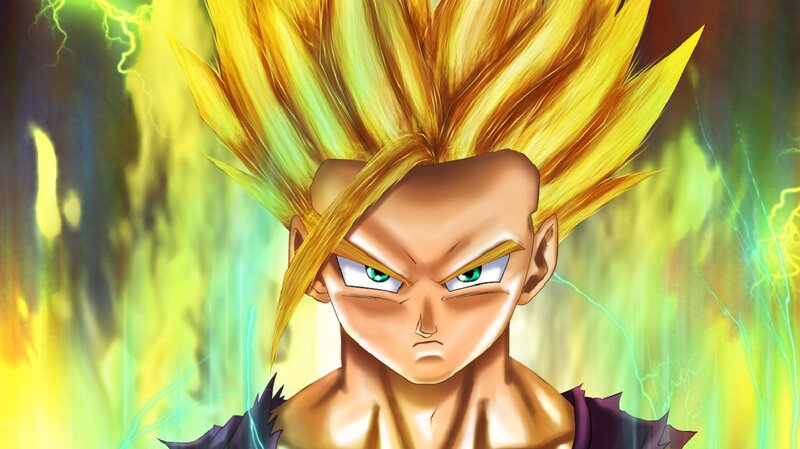 Super Saiyan Character — Yellow, Dramatic, Anime, Spiky Hair, Green Eyes