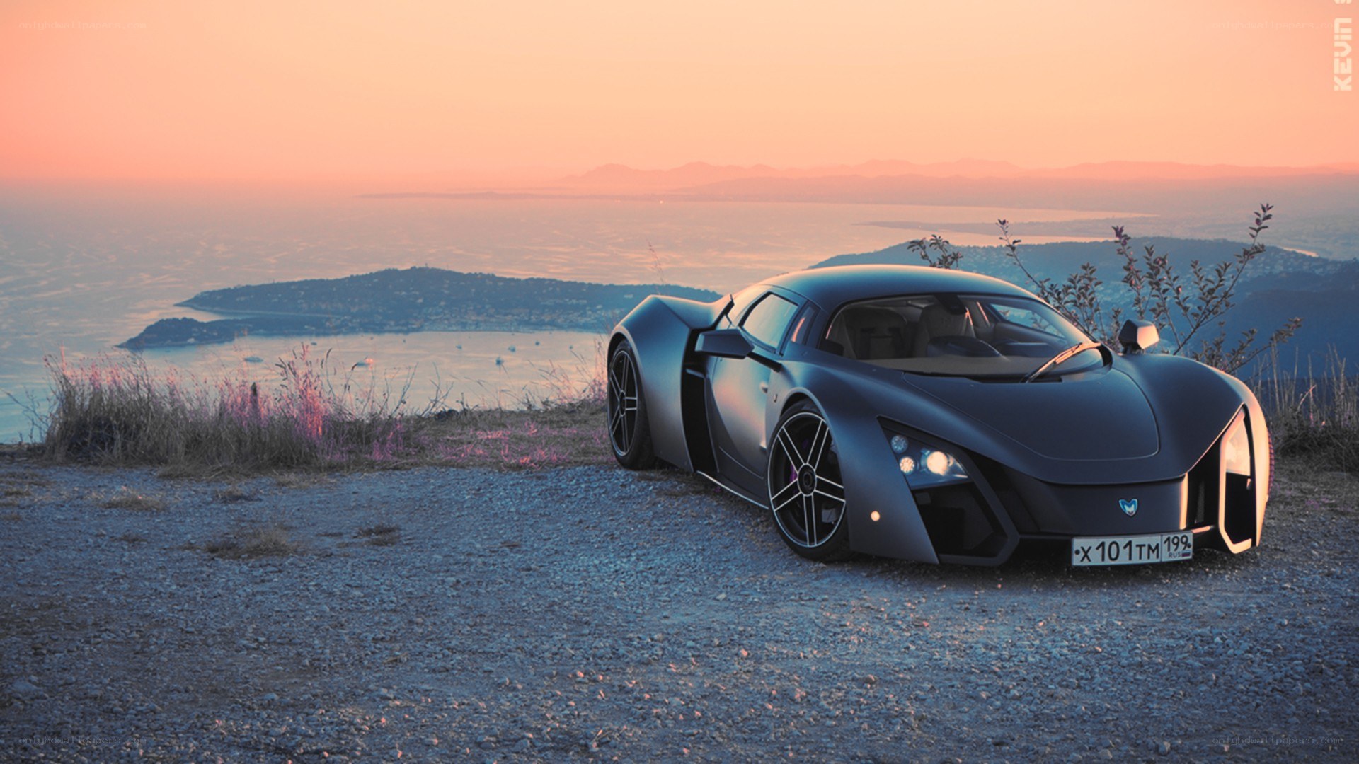 Supercar at sunset overlook