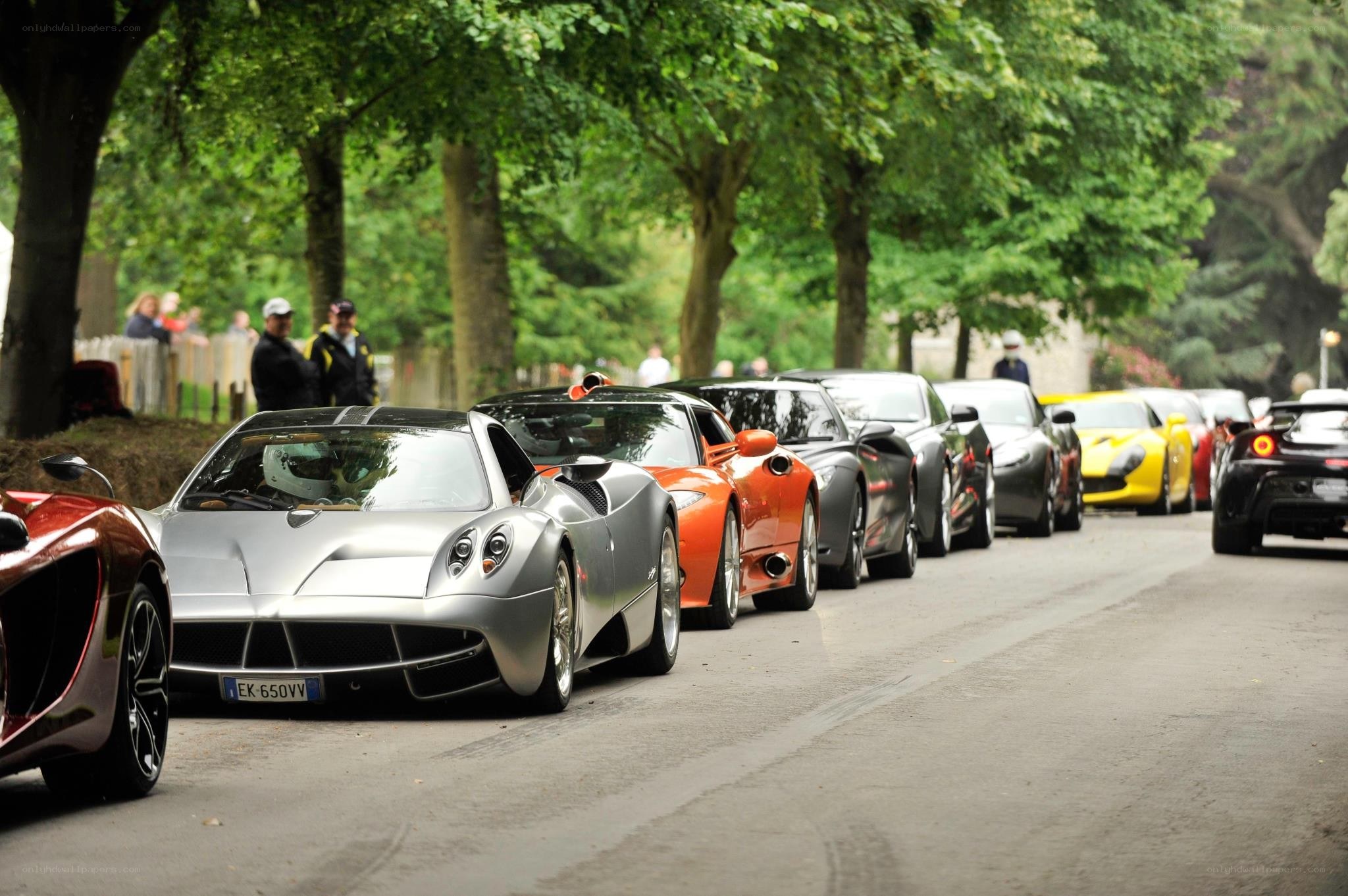 Supercar lineup on a tree-lined road