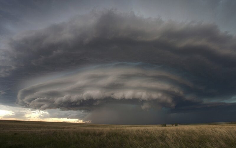 Supercell Thunderstorm — Gray, Dramatic, Sunset, Photograph, Grassland, Clouds