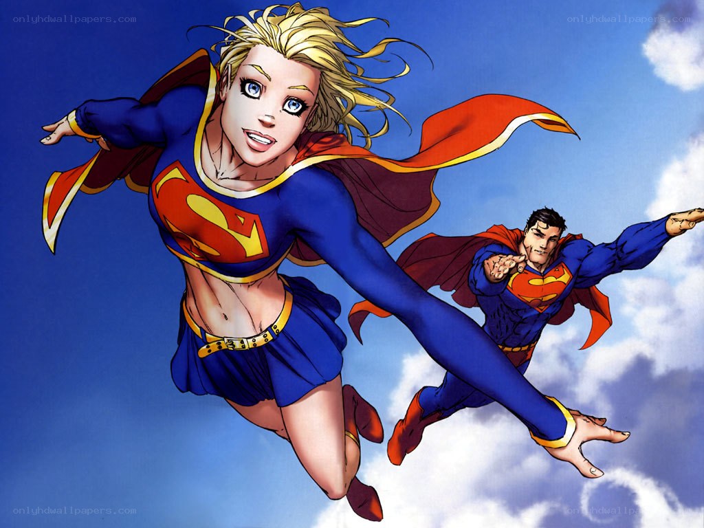 Supergirl and Superman flying