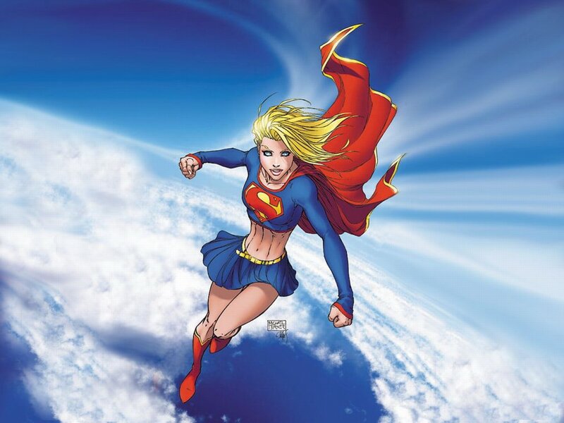 Supergirl flying above clouds
