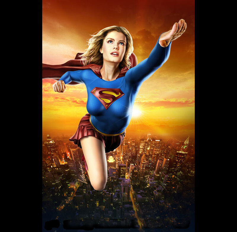 Supergirl flying over city