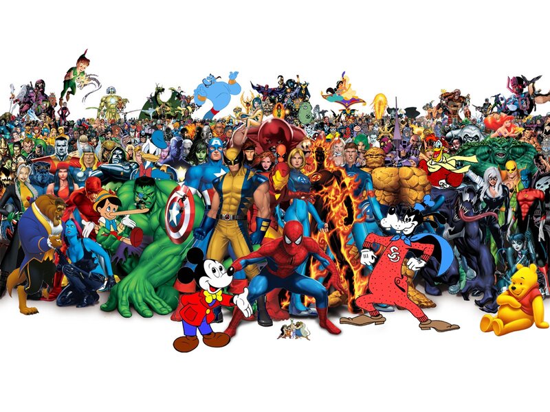 Superhero and cartoon character collage