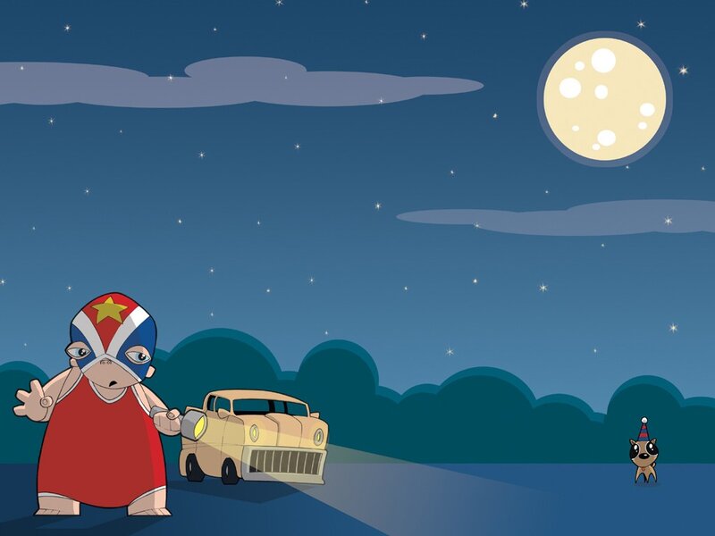 Superhero and raccoon at night