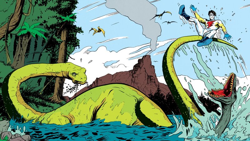 Superhero battles dinosaurs