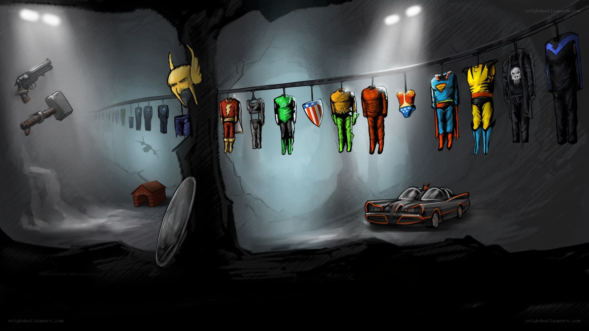 Superhero costumes in a cave
