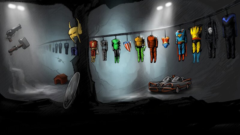 Superhero Costumes in Cave — Gray