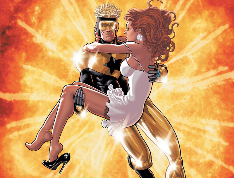 Superhero couple embracing