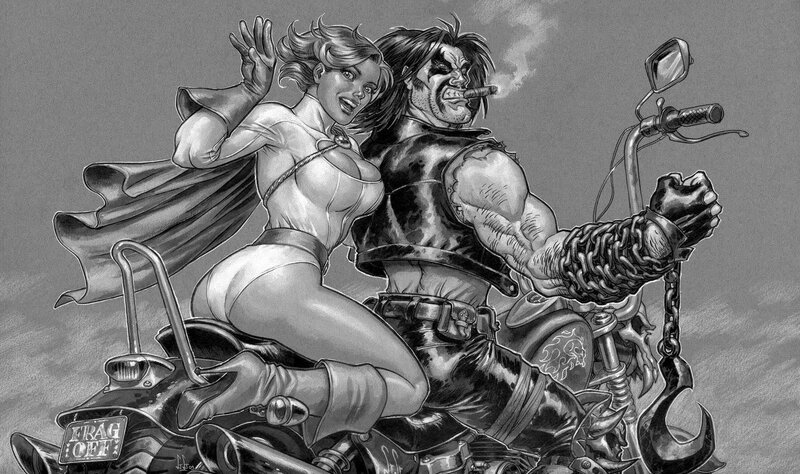 superhero couple on motorcycle