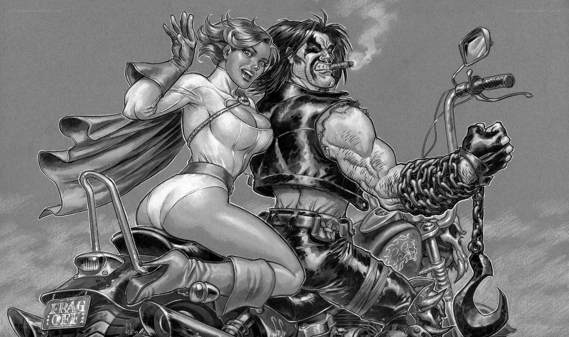 superhero couple on motorcycle