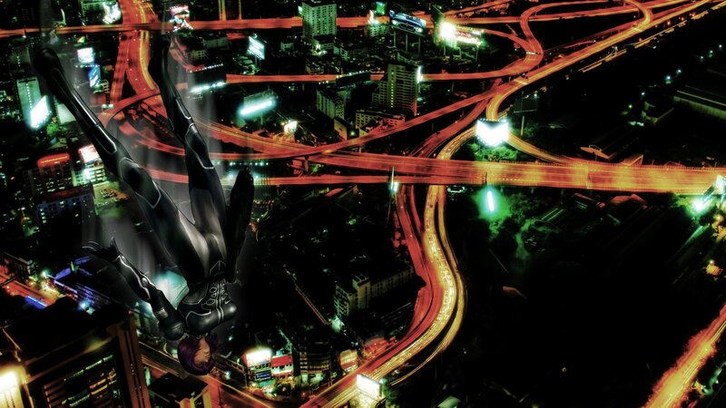 Superhero Falling over City — Black