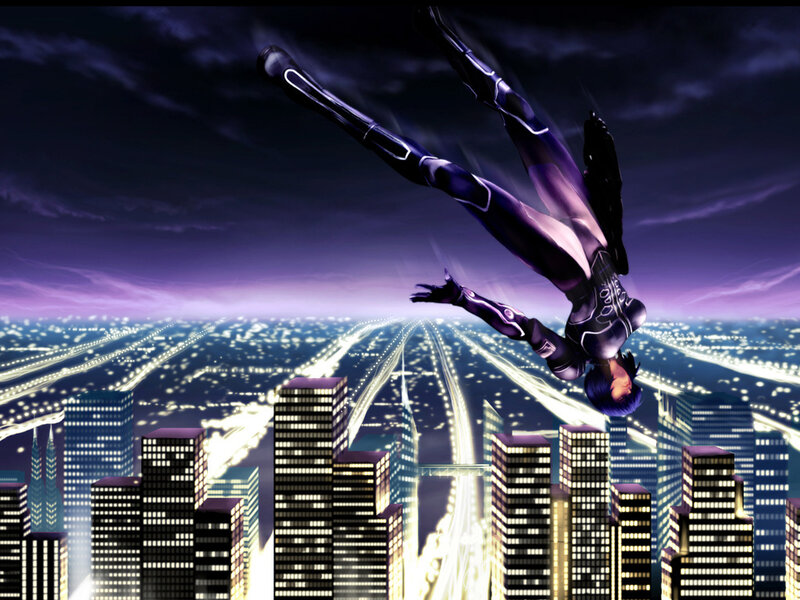 superhero falling over city