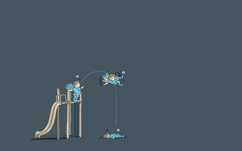 Superhero falls from slide