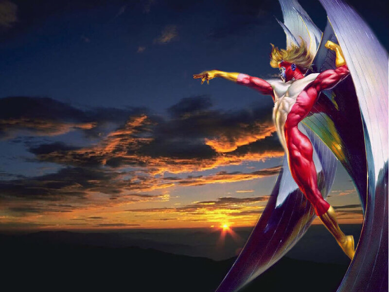 superhero flying at sunset