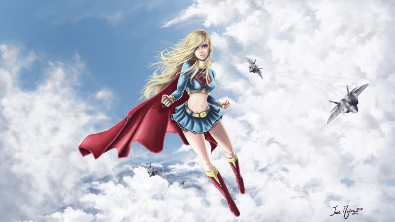 Superhero flying in clouds