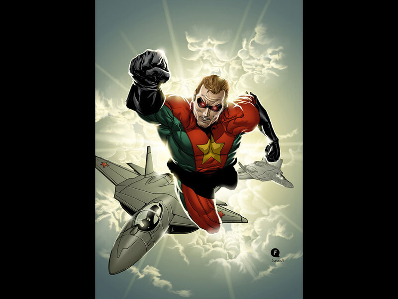 Superhero Flying in Sky — Red