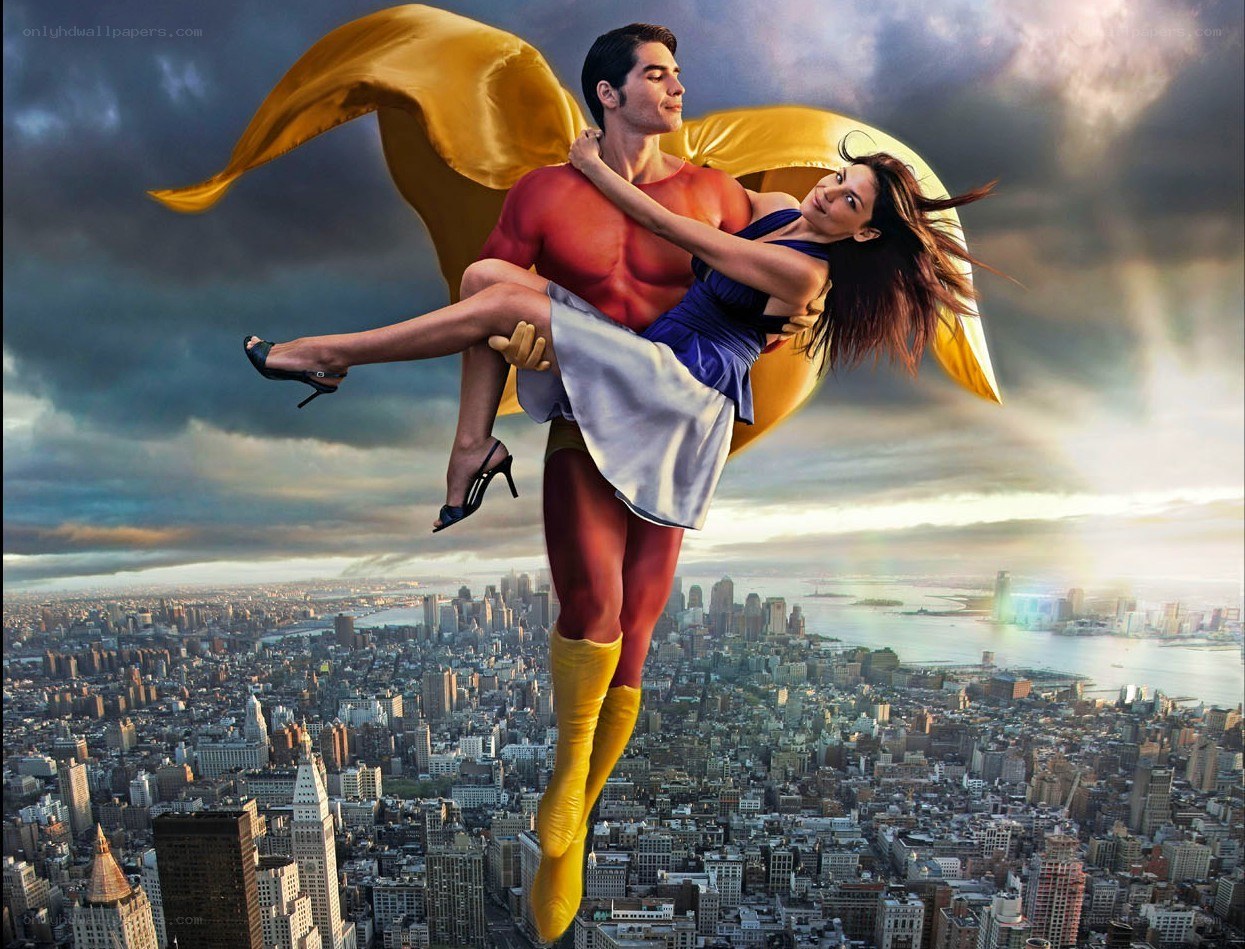 Superhero flying over city
