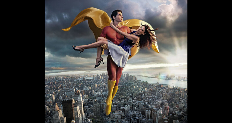 superhero flying over city