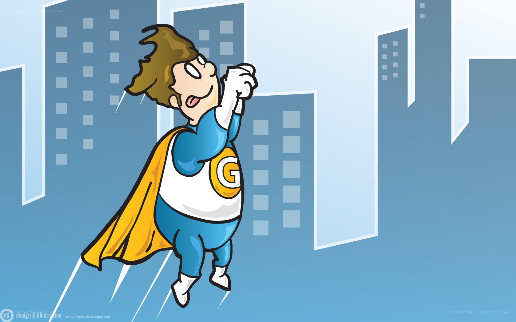 superhero flying over city