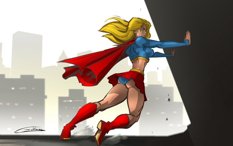 superhero flying over city