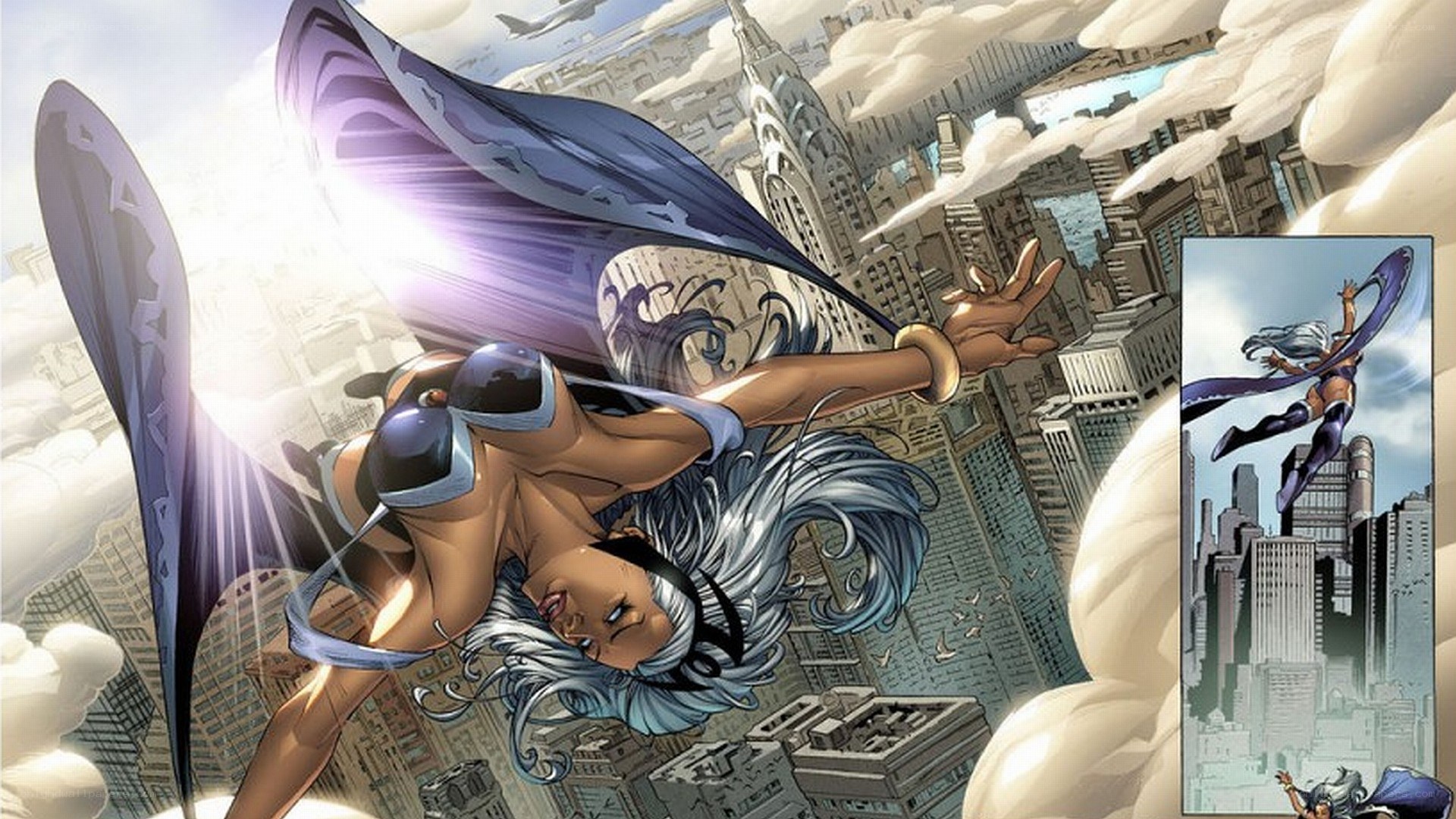 superhero flying over city