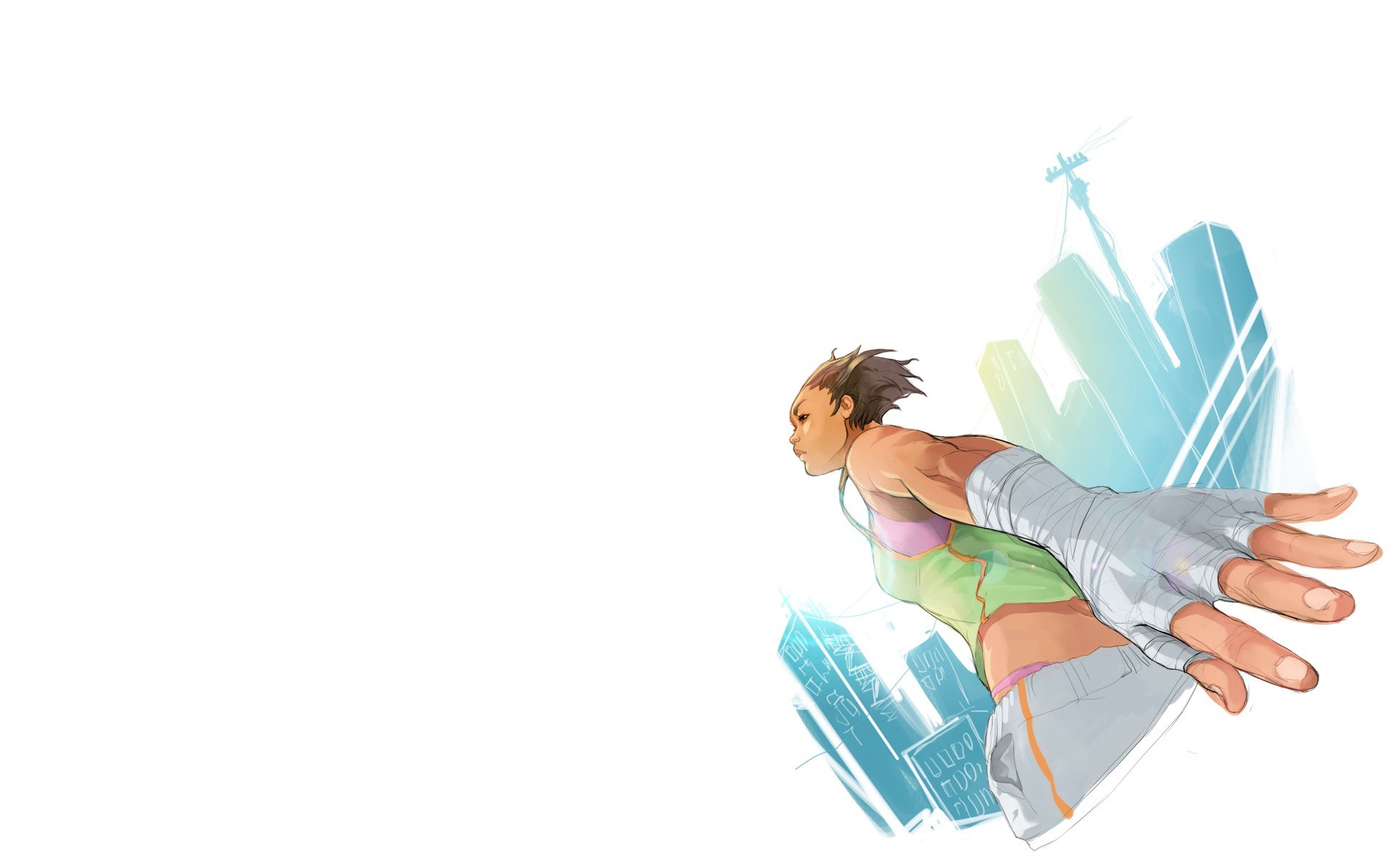 superhero flying over city
