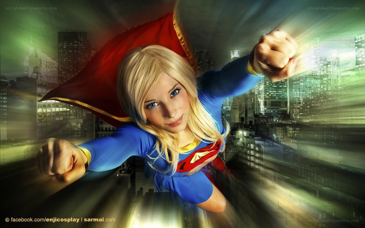 Superhero flying over city