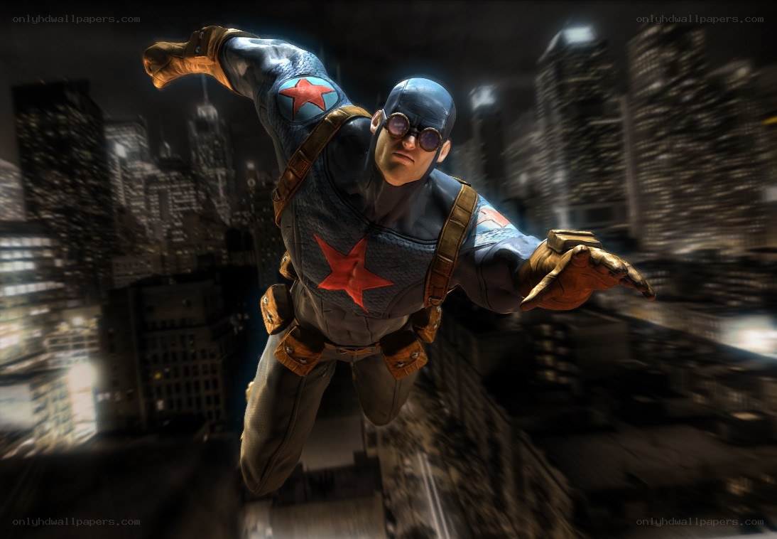 superhero flying over city