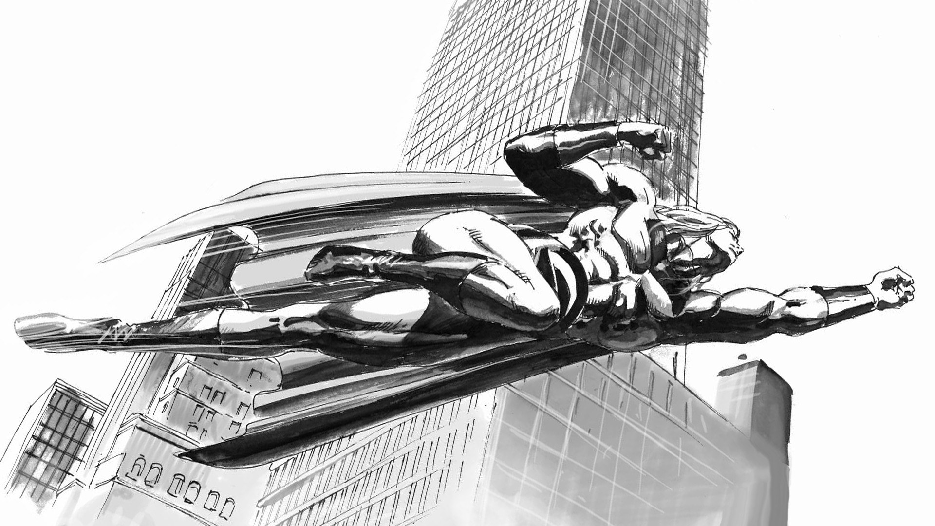 superhero flying over city