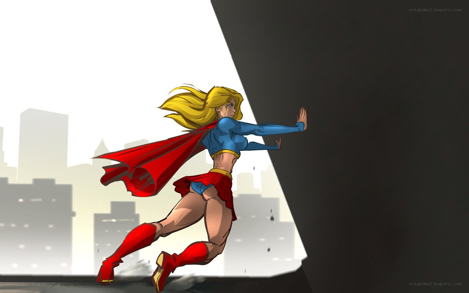 superhero flying over city