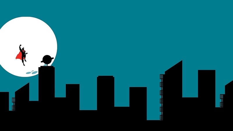 Superhero Flying over City — Teal