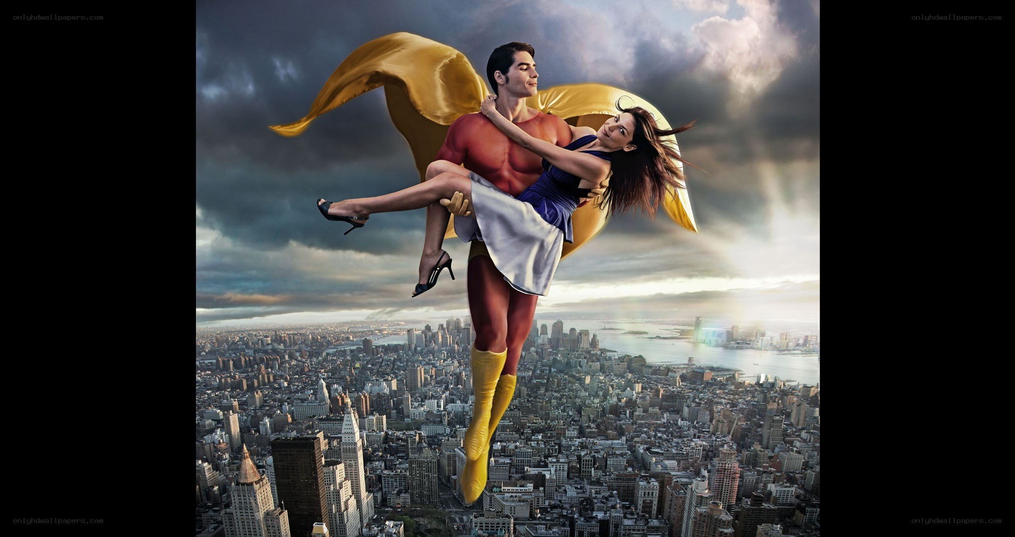 superhero flying over city