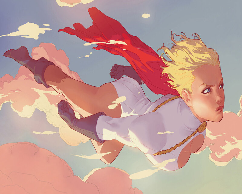 Superhero Flying Through Clouds — Red