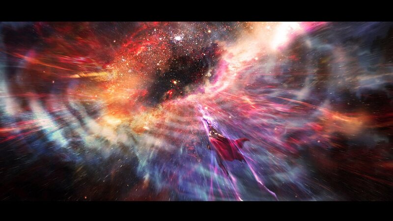Superhero Flying Through Nebula
