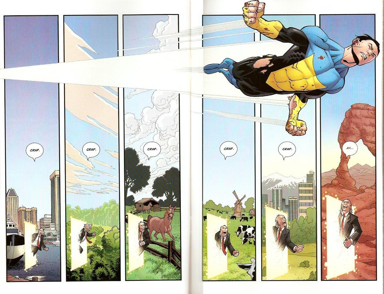 Superhero flying through portals