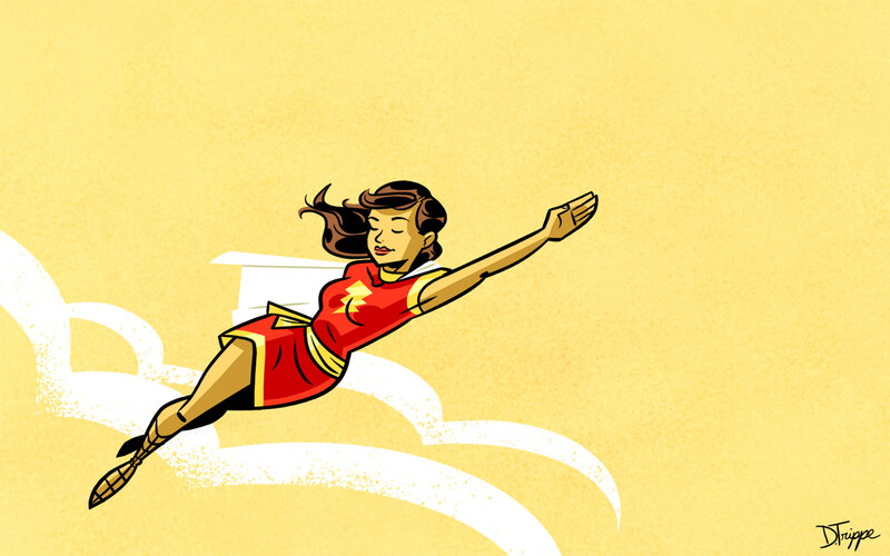 superhero flying through sky